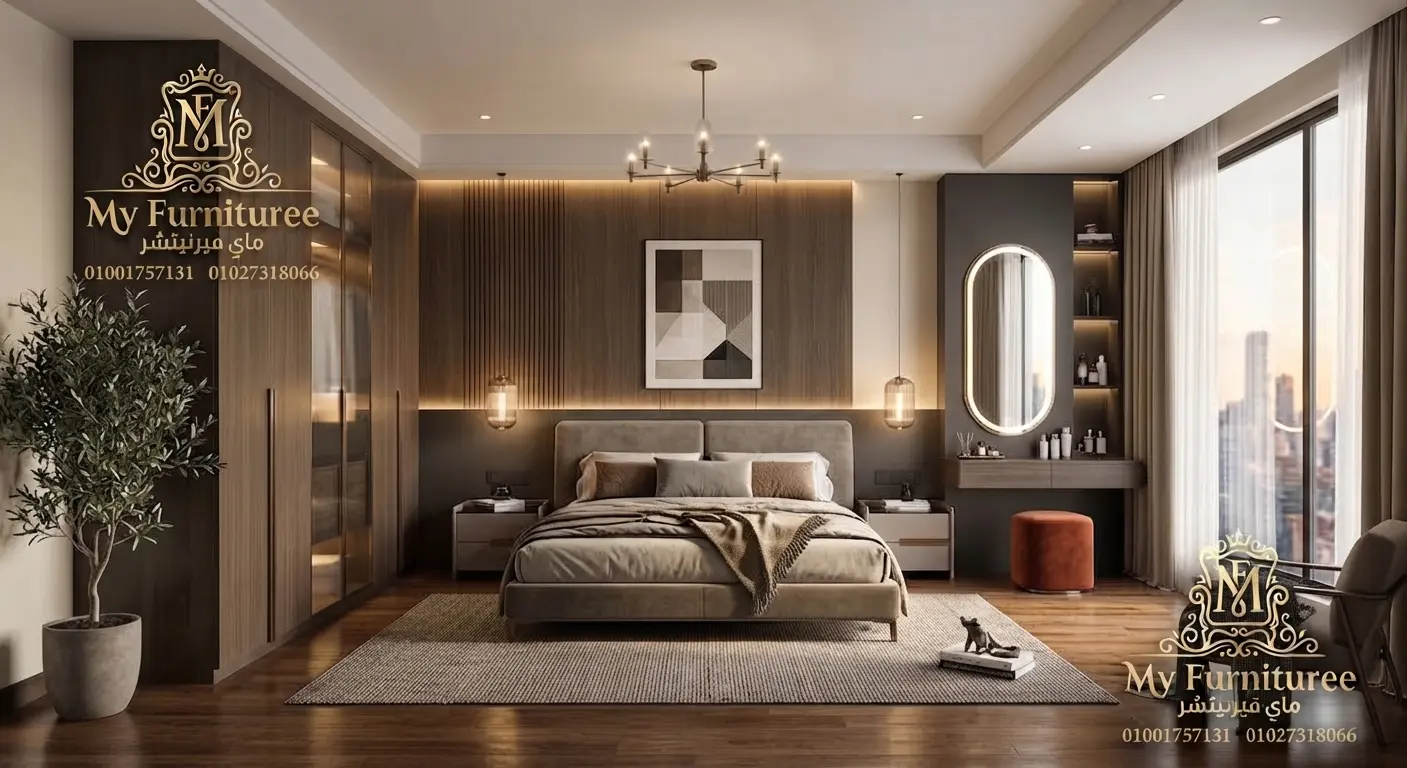 غرف نوم مودرن 2028: أحدث التصميمات والأفكار العصرية للمنزل الأنيق 37 غرفة نوم مودرن خشب دافئ وتصميم جداري متكامل سرير ودولاب وتسريحة - فخر الصناعة الدمياطية ماى فيرنيتشر