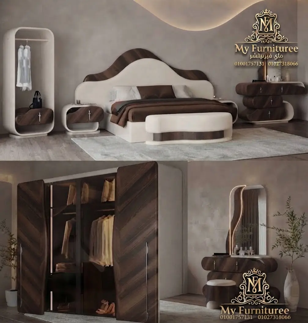 غرف نوم مودرن 2028: أحدث التصميمات والأفكار العصرية للمنزل الأنيق 27 تفاصيل غرفة نوم مودرن منحنية أبيض وبني سرير ودولاب وتسريحة - فخر الصناعة الدمياطية ماى فيرنيتشر