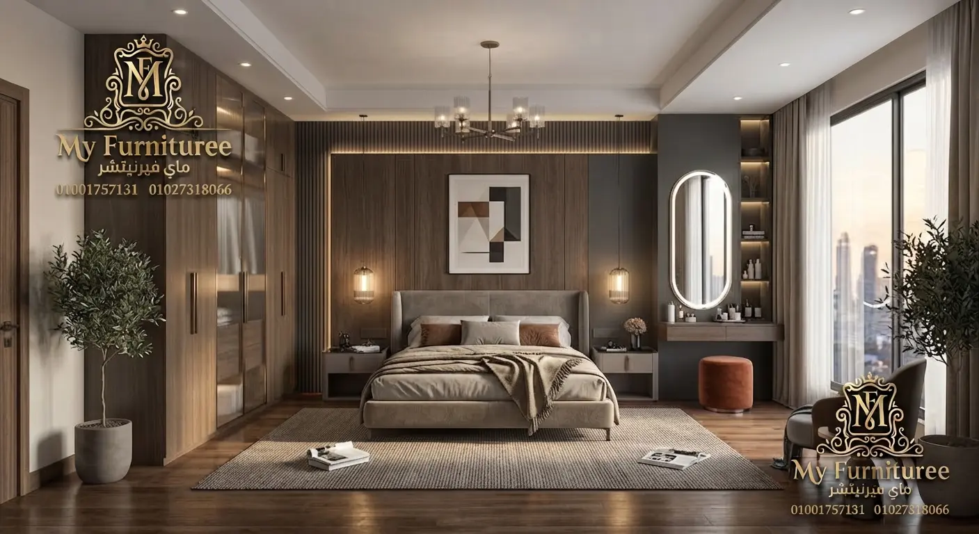 غرف نوم مودرن 2028: أحدث التصميمات والأفكار العصرية للمنزل الأنيق 32 غرفة نوم مودرن خشب دافئ وتصميم جداري متكامل سرير ودولاب وتسريحة - فخر الصناعة الدمياطية ماى فيرنيتشر