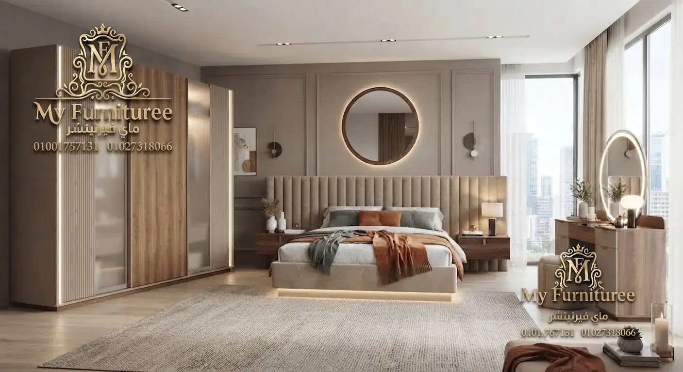 غرف نوم مودرن 2028: أحدث التصميمات والأفكار العصرية للمنزل الأنيق 40 غرفة نوم مودرن بيج وخشب بتنجيد جداري كاملة سرير ودولاب وتسريحة - فخر الصناعة الدمياطية ماى فيرنيتشر