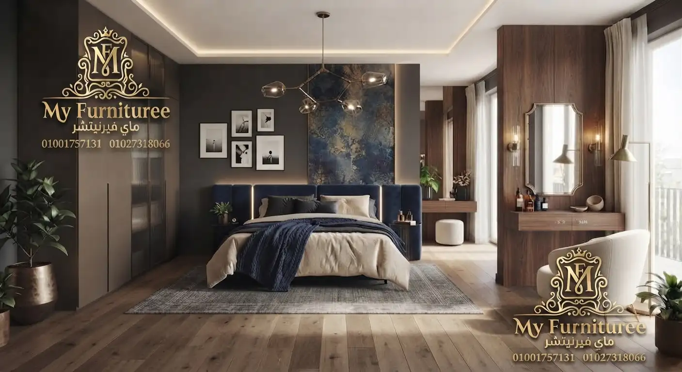 غرف نوم مودرن 2028: أحدث التصميمات والأفكار العصرية للمنزل الأنيق 5 غرفة نوم مودرن كحلي في خشب داكن سرير وتلسريحة ودولاب - فخر الصناعة الدمياطية MyFurnituree