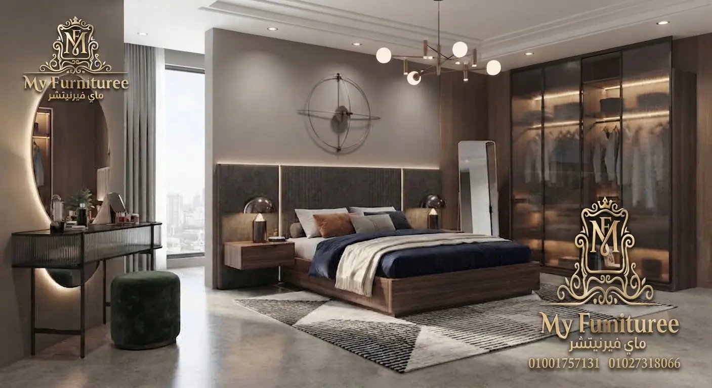 غرف نوم مودرن 2028: أحدث التصميمات والأفكار العصرية للمنزل الأنيق 38 غرفة نوم مودرن خشب داكن وتنجيد رمادي كاملة سرير ودولاب وتسريحة - فخر الصناعة الدمياطية ماى فيرنيتشر