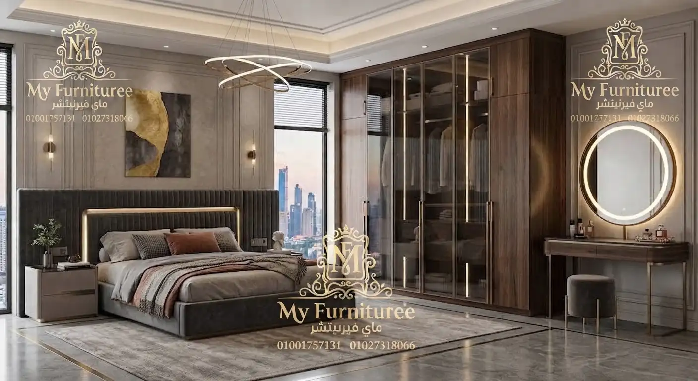 غرف نوم مودرن 2028: أحدث التصميمات والأفكار العصرية للمنزل الأنيق 28 غرفة نوم مودرن رمادي وخشب داكن كاملة سرير ودولاب وتسريحة - فخر الصناعة الدمياطية ماى فيرنيتشر