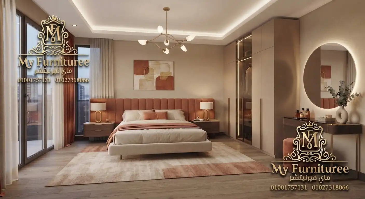 غرف نوم مودرن 2028: أحدث التصميمات والأفكار العصرية للمنزل الأنيق 9 غرفة نوم مودرن بلون نحاسي دافئ سرير ودولاب وتسريحة - فخر الصناعة الدمياطية MyFurnituree
