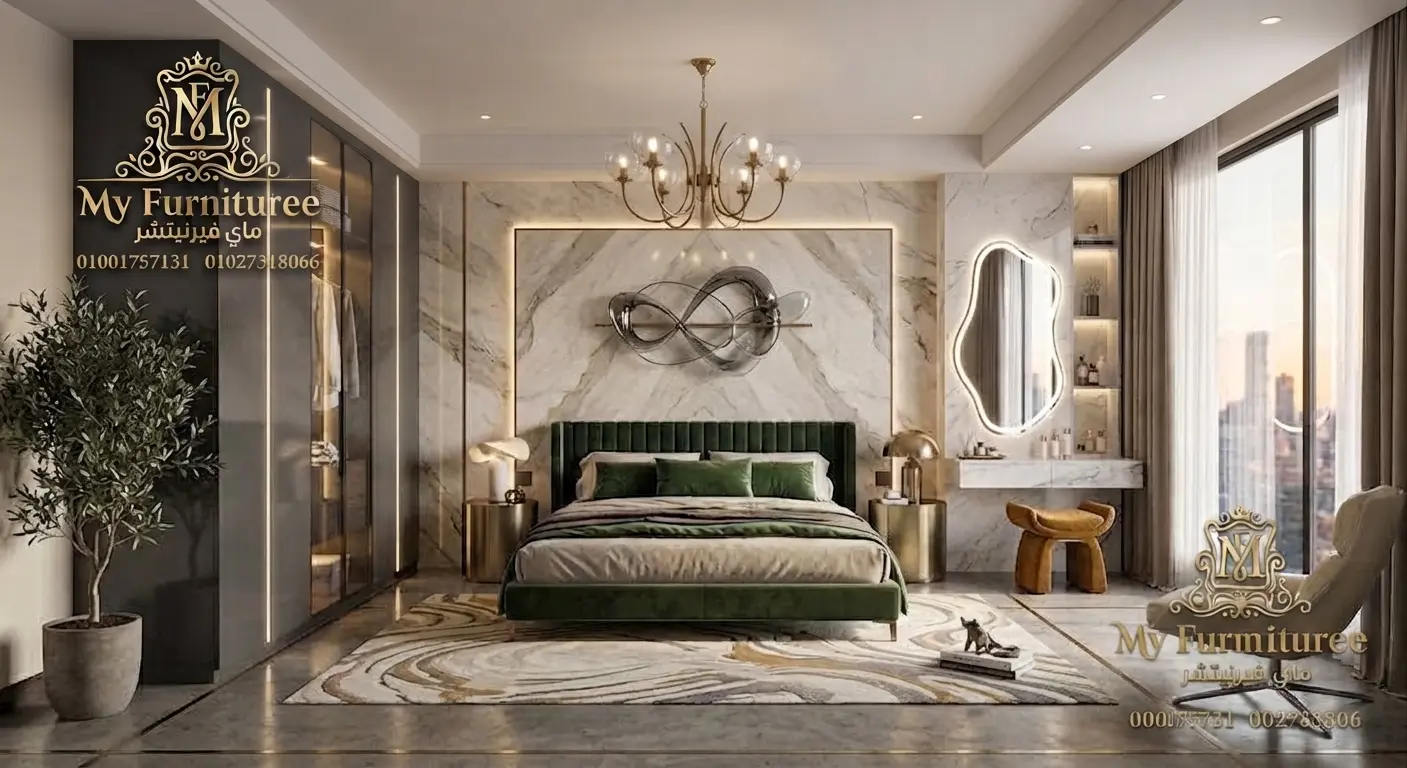 غرف نوم مودرن 2028: أحدث التصميمات والأفكار العصرية للمنزل الأنيق 36 غرفة نوم مودرن أخضر زمردي وديكور رخامي فاخر كاملة سرير ودولاب وتسريحة - فخر الصناعة الدمياطية ماى فيرنيتشر