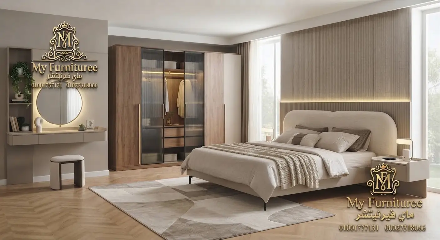 غرف نوم مودرن 2028: أحدث التصميمات والأفكار العصرية للمنزل الأنيق 13 غرفة نوم مودرن خشب طبيعي وبيج كاملة سرير ودولاب وتسريحة - فخر الصناعة الدمياطية ماى فيرنيتشر