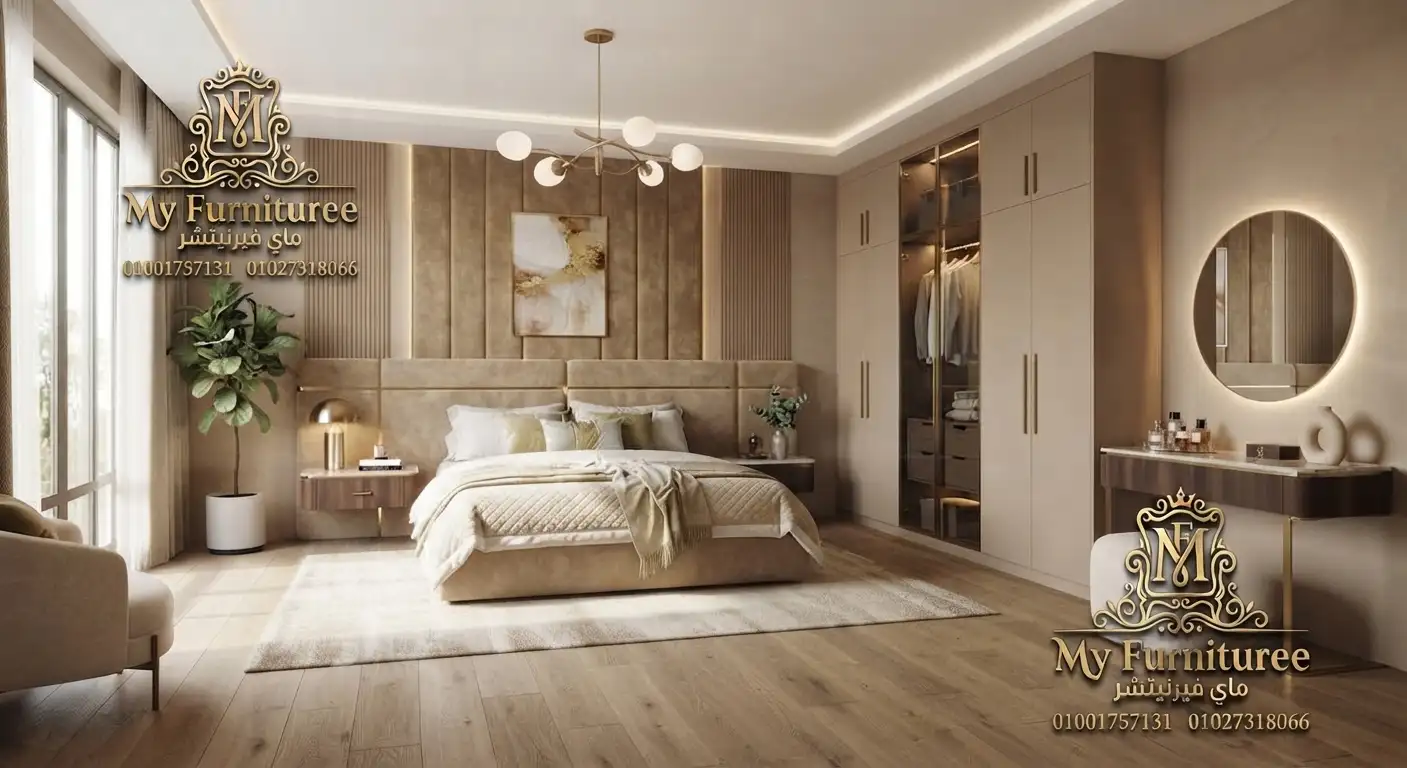 غرف نوم مودرن 2028: أحدث التصميمات والأفكار العصرية للمنزل الأنيق 10 غرفة نوم مودرن لون بيج فاتح كاملة سرير ودولاب وتسريحة دائرية - فخر الصناعة الدمياطية MyFurnituree ماى فيرنيتشر