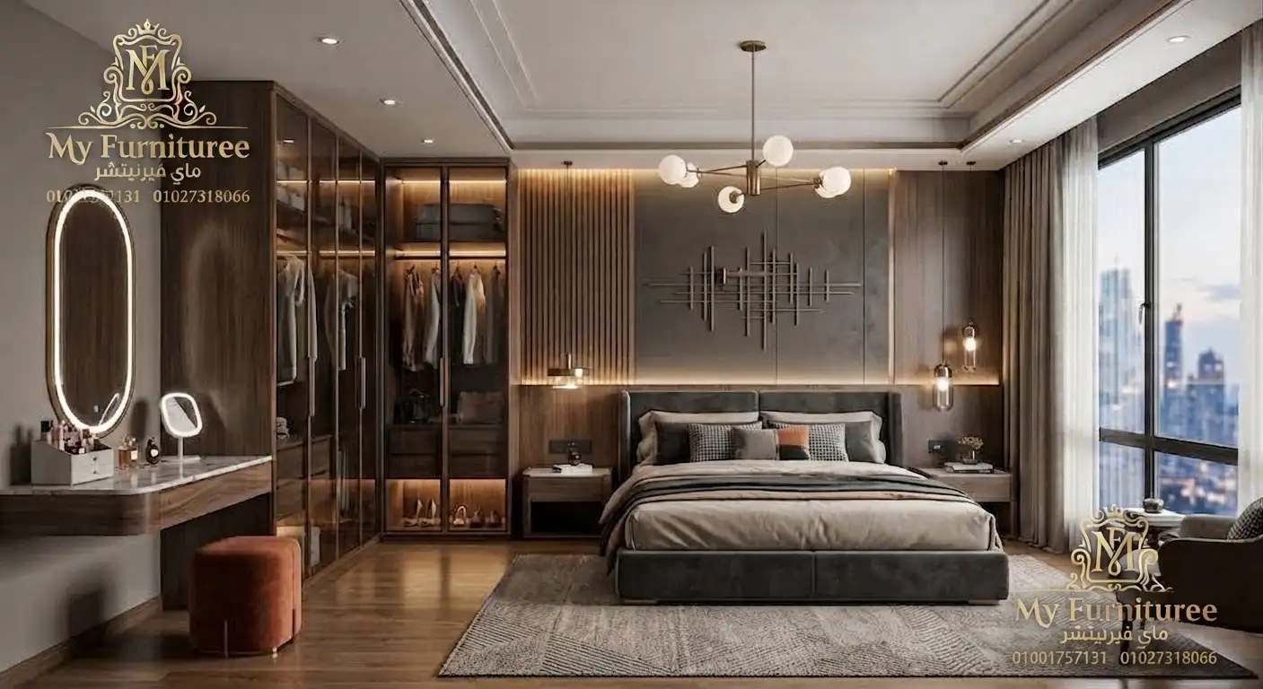 غرف نوم مودرن 2028: أحدث التصميمات والأفكار العصرية للمنزل الأنيق 29 غرفة نوم مودرن خشب دافئ وتصميم جداري عصري كاملة سرير ودولاب وتسريحة - فخر الصناعة الدمياطية ماى فيرنيتشر